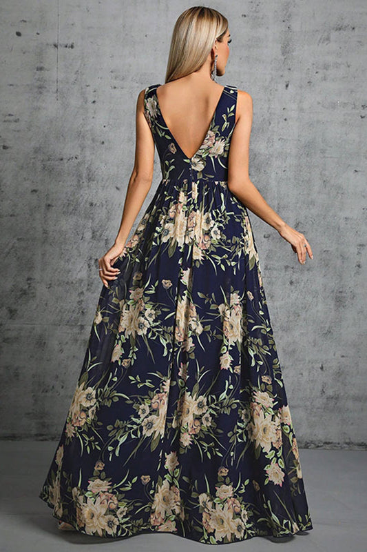 Robe de soirée évasée en mousseline imprimée florale bleu marine à col en V