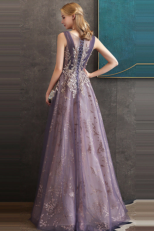 Robe de bal longue en tulle violette coupe trapèze à col rond