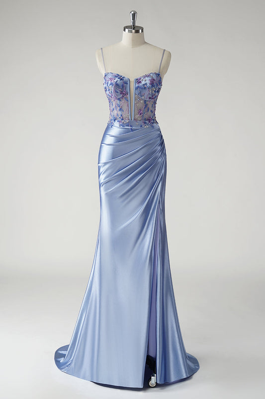 Robe de bal longue en satin bleu scintillant de sirène florale avec fente