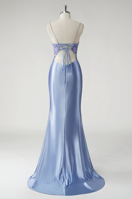 Robe de bal longue en satin bleu scintillant de sirène florale avec fente