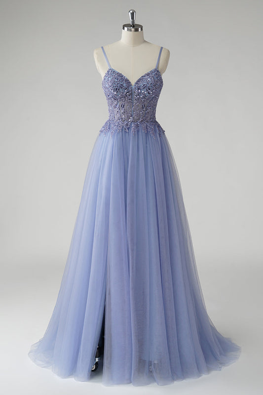 Robe de bal trapèze en tulle gris-bleu pailleté avec fente