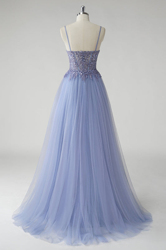 Robe de bal trapèze en tulle gris-bleu pailleté avec fente