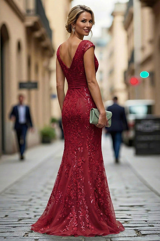 Robe sirène bordeaux foncé brodée, col en V, avec sequins pour mère de la mariée