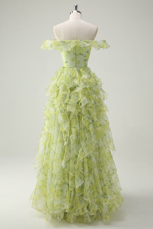 Robe de bal longue évasée à col carré et volants motif floral vert sauge poussiéreux