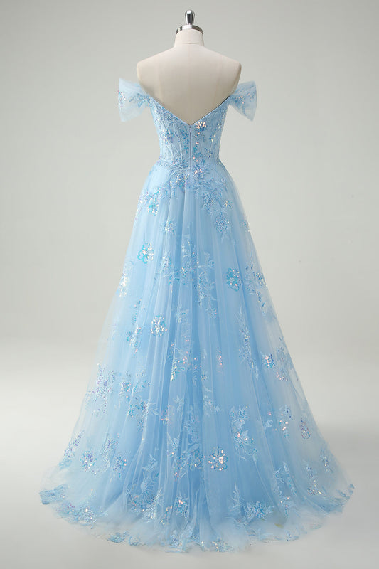 Robe de bal trapèze bleu ciel scintillante avec fente, épaules dénudées