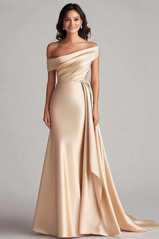 Robe de soirée longue fourreau plissée couleur champagne à une épaule