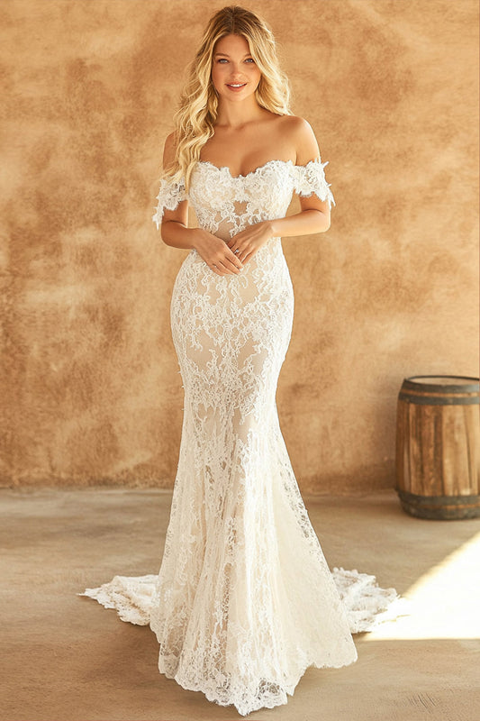 Robe de mariée longue en dentelle à épaules dénudées style sirène blanche