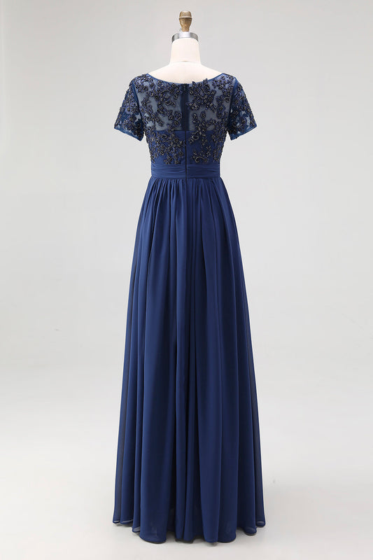 Navy A-Line Short Sleeves Long Chiffon Choir Dress with Beading