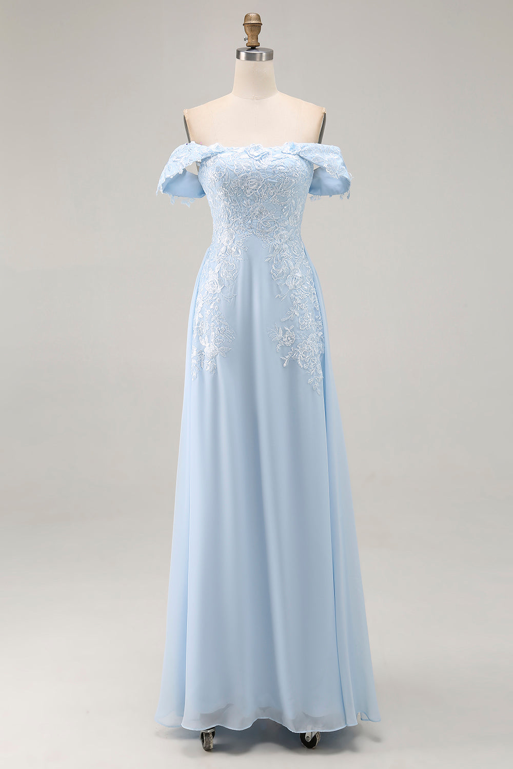 Robe de soirée longue fourreau en mousseline de soie bleu ciel élégante, épaules dénudées, ornée d'appliqués en dentelle, pour mère de la mariée