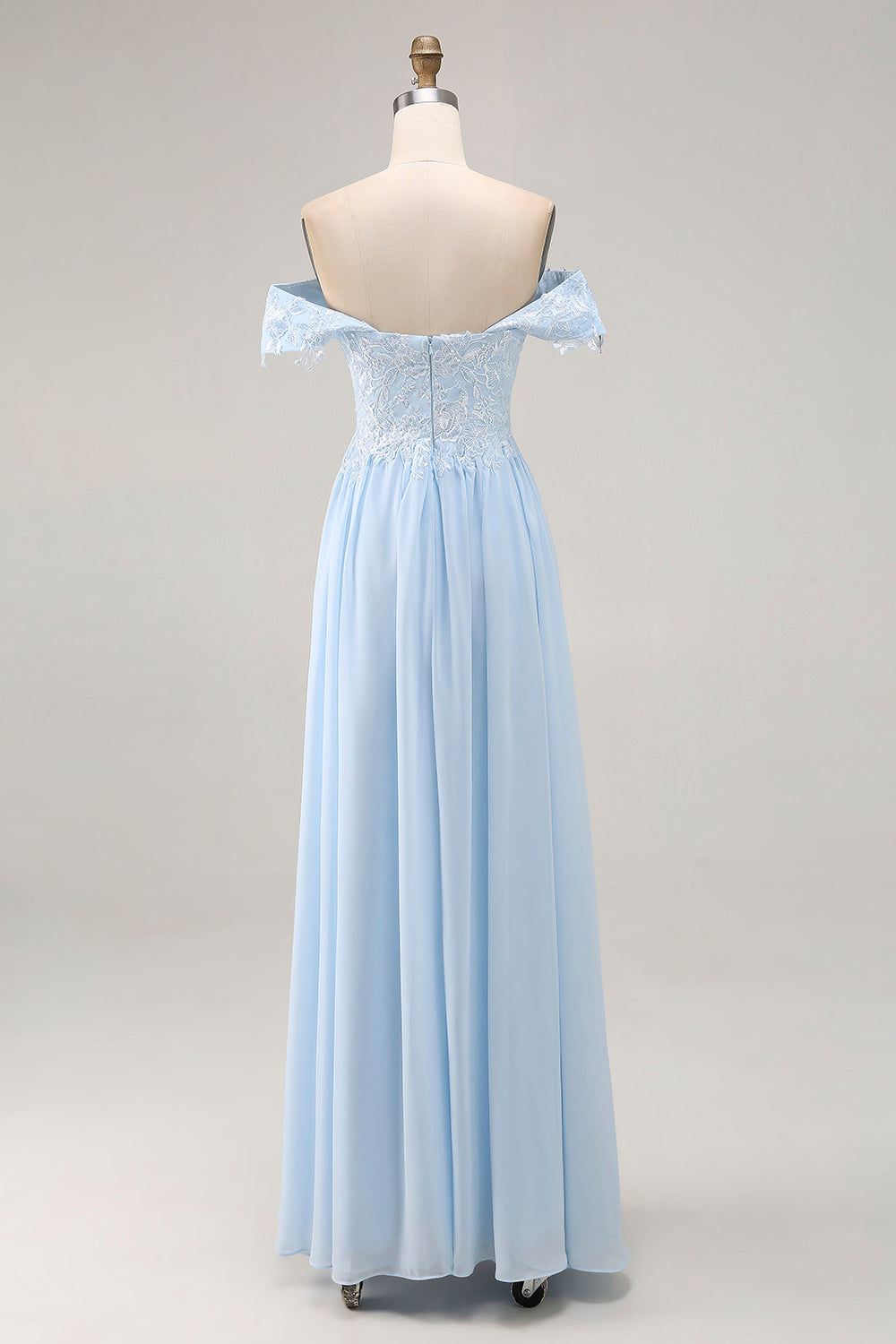 Robe de soirée longue fourreau en mousseline de soie bleu ciel élégante, épaules dénudées, ornée d'appliqués en dentelle, pour mère de la mariée