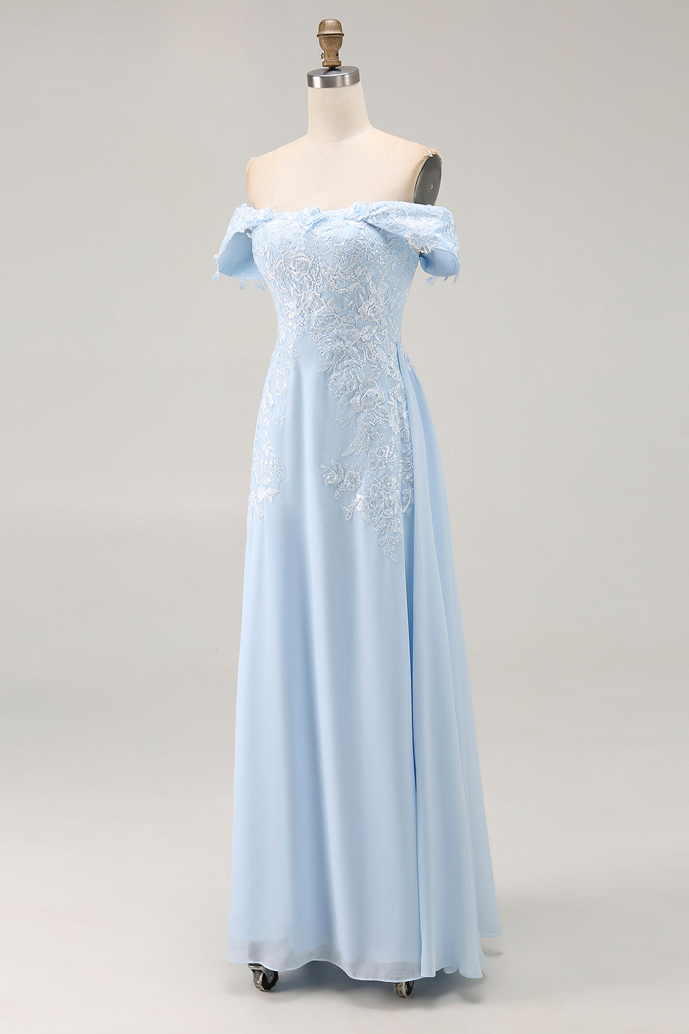 Robe de soirée longue fourreau en mousseline de soie bleu ciel élégante, épaules dénudées, ornée d'appliqués en dentelle, pour mère de la mariée