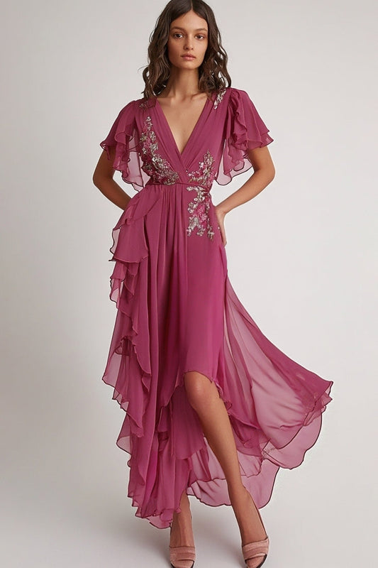 Robe de soirée longue trapèze à encolure en V rose foncé ornée de fleurs avec volants