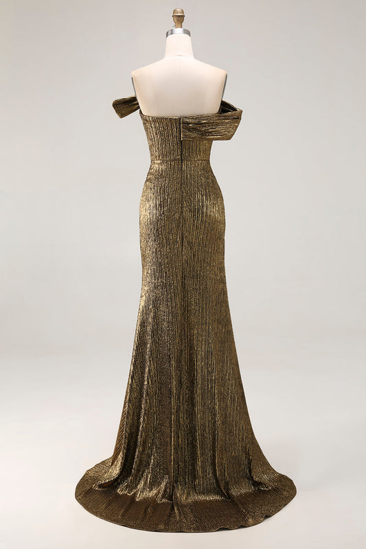 Off-The-Shoulder Metallic Gold Sheath Prom Dress With Slit