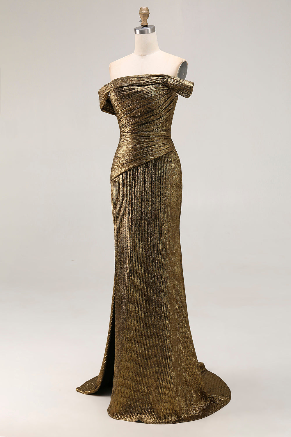 Gold Off The Shoulder Sheath Metallic Satin Prom Dress with Slit
