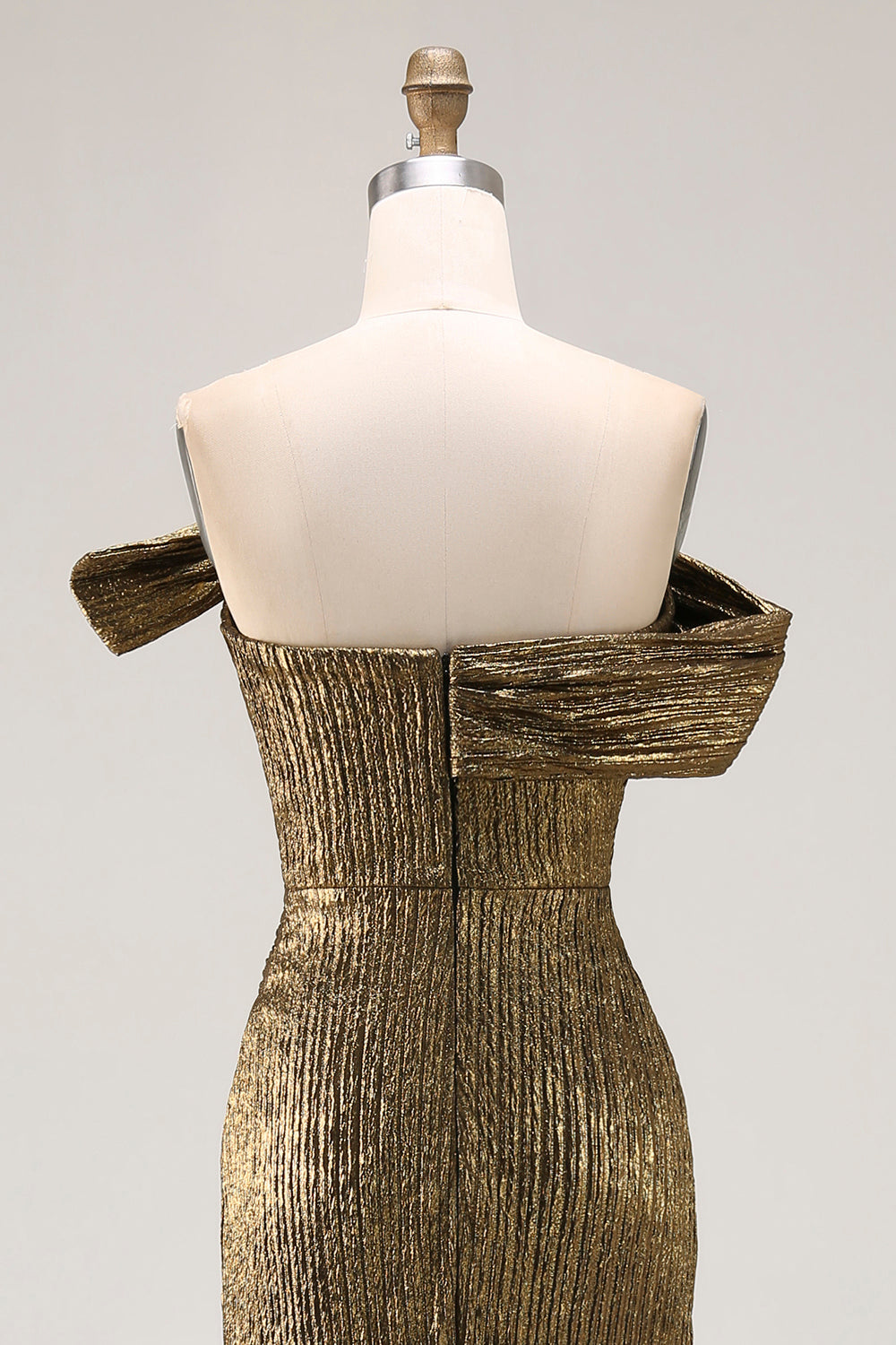 Gold Off The Shoulder Sheath Metallic Satin Prom Dress with Slit