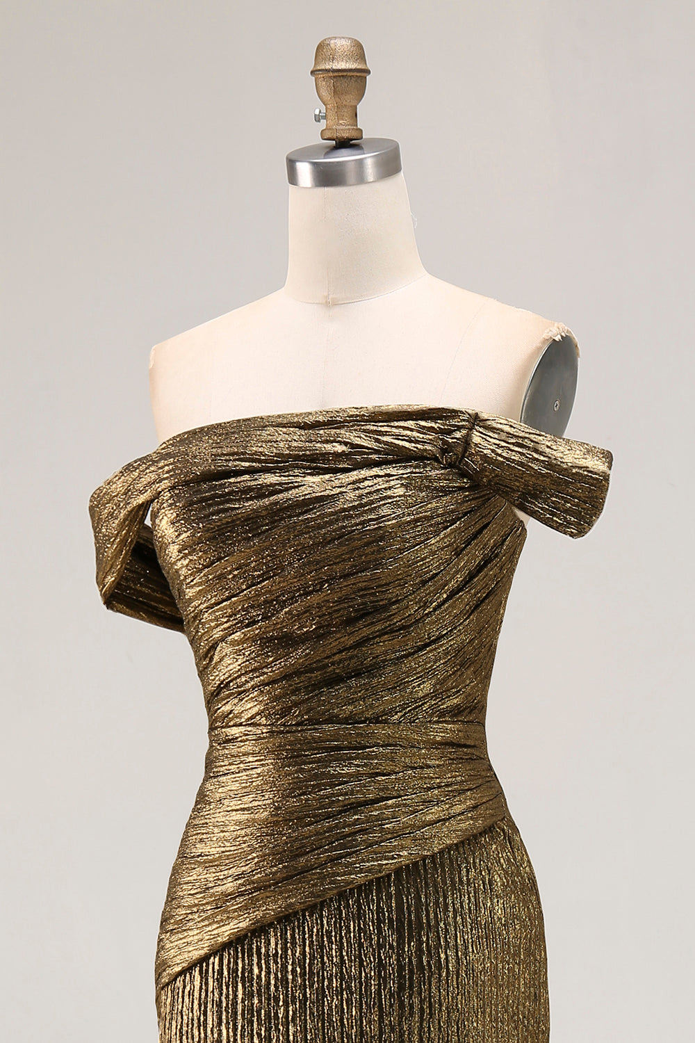 Gold Off The Shoulder Sheath Metallic Satin Prom Dress with Slit