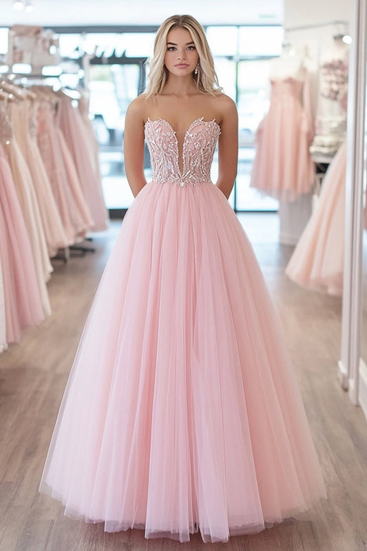Robe de bal longue en tulle rose scintillante à décolleté en cœur avec appliques