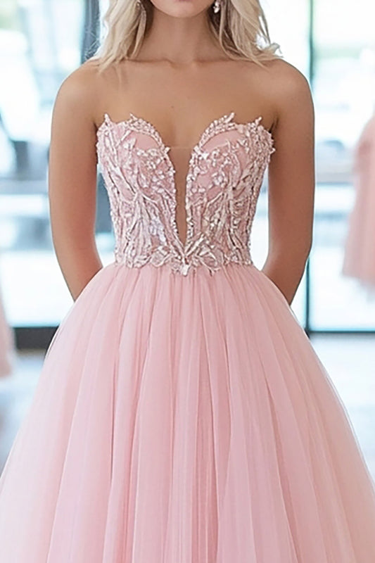 Robe de bal longue en tulle rose scintillante à décolleté en cœur avec appliques