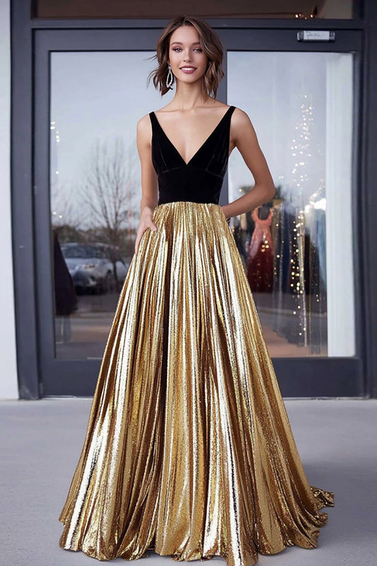 Vestido Largo de Fiesta A-Line Plisado con Escote en V de Satén Metálico Dorado
