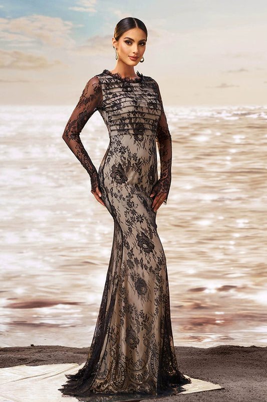Robe longue de soirée à manches longues et volants, col sirène, ruchée en dentelle, couleur noir abricot