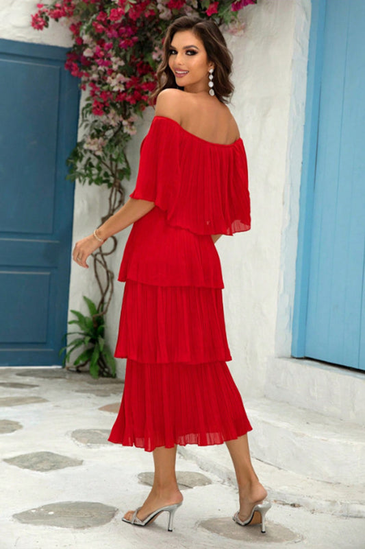 Red Off-the-Shoulder Tiered Pleated A-Line Bridesmaid Dress