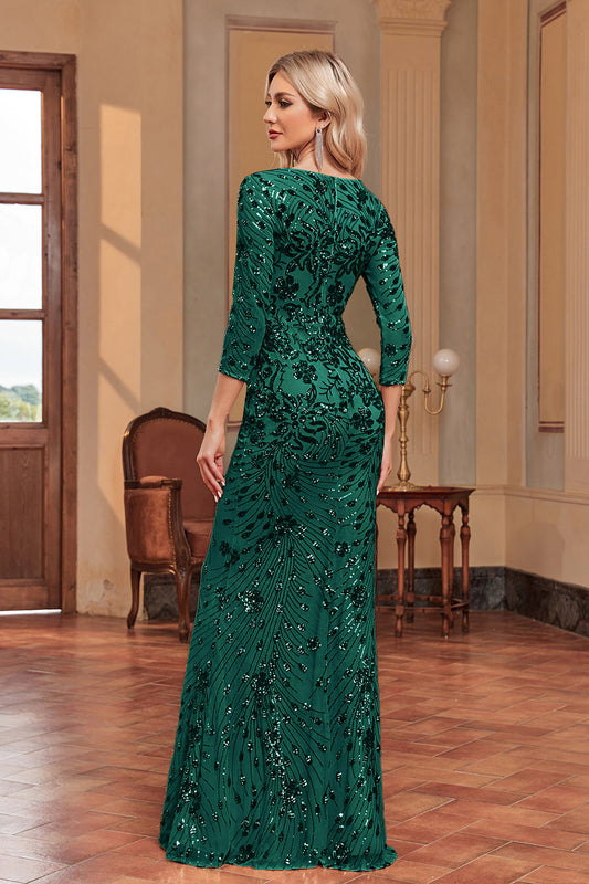 Robe de chorale longue à paillettes sirène vert foncé avec manches 3/4