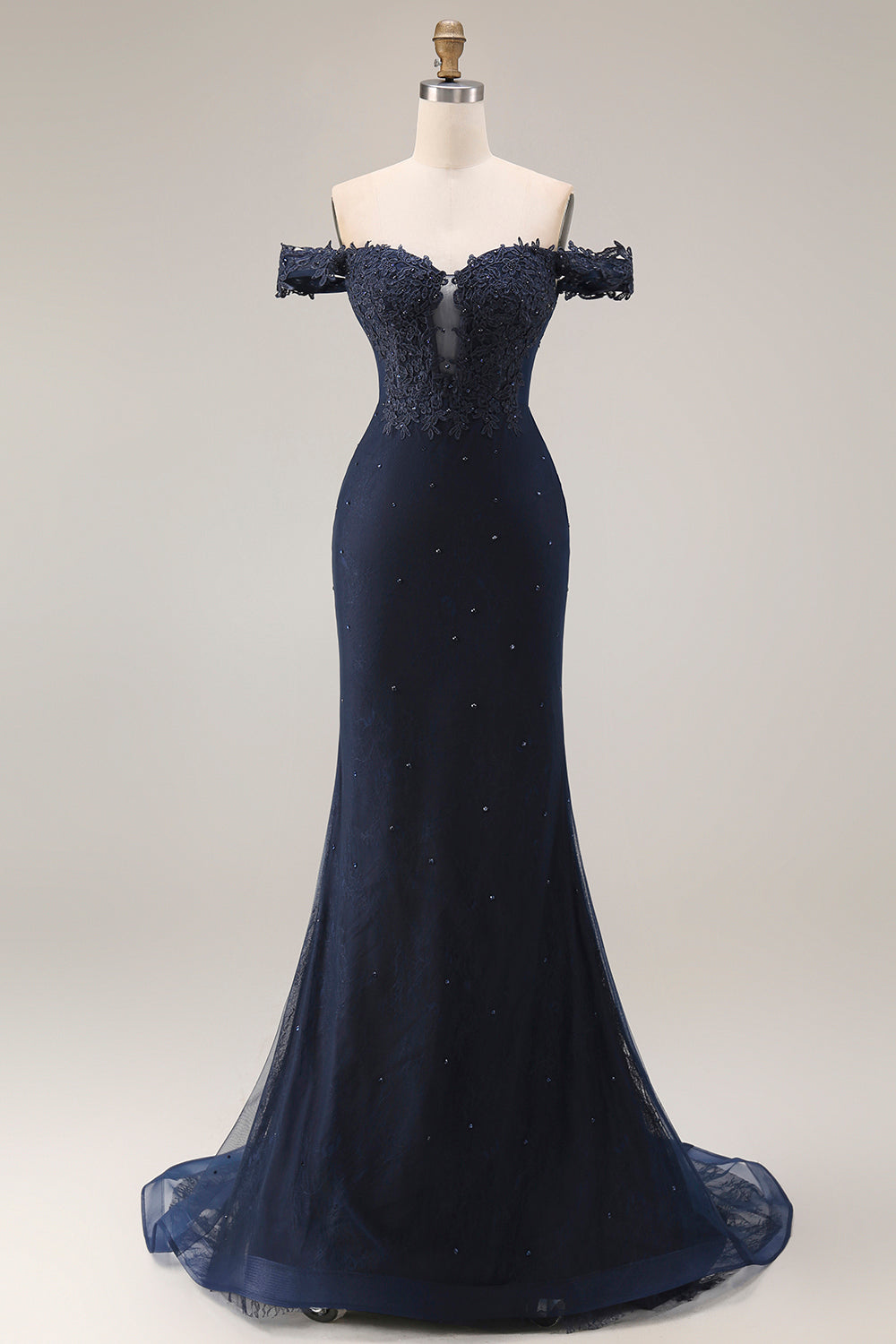 Sparkly Navy Off-the-Shoulder Mermaid Appliqued Long Prom Dress with Beading