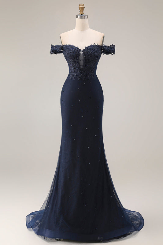Sparkly Navy Off-the-Shoulder Mermaid Appliqued Long Prom Dress with Beading