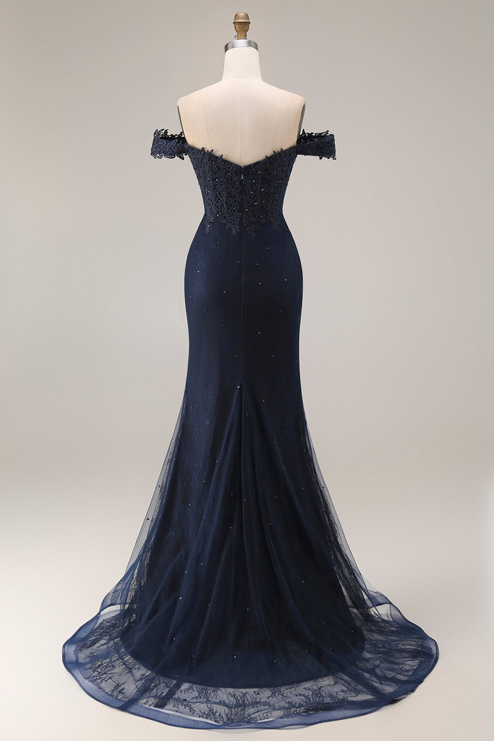 Sparkly Navy Off-the-Shoulder Mermaid Appliqued Long Prom Dress with Beading