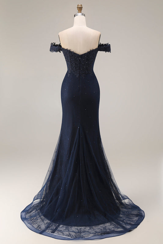 Sparkly Navy Off-the-Shoulder Mermaid Appliqued Long Prom Dress with Beading