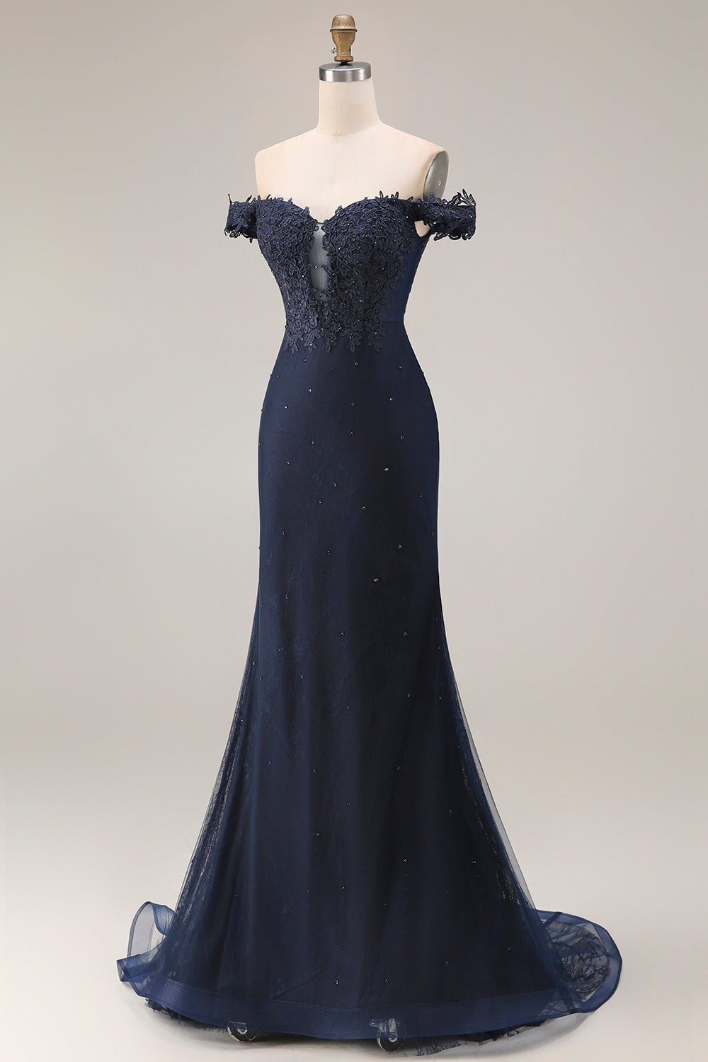 Sparkly Navy Off-the-Shoulder Mermaid Appliqued Long Prom Dress with Beading
