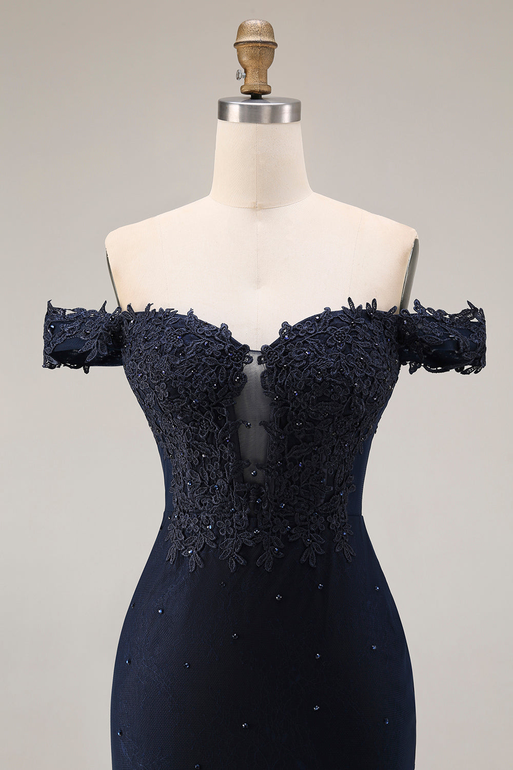 Sparkly Navy Off-the-Shoulder Mermaid Appliqued Long Prom Dress with Beading
