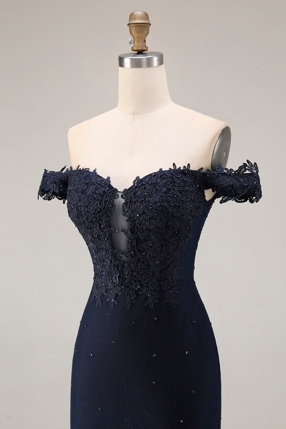 Sparkly Navy Off-the-Shoulder Mermaid Appliqued Long Prom Dress with Beading