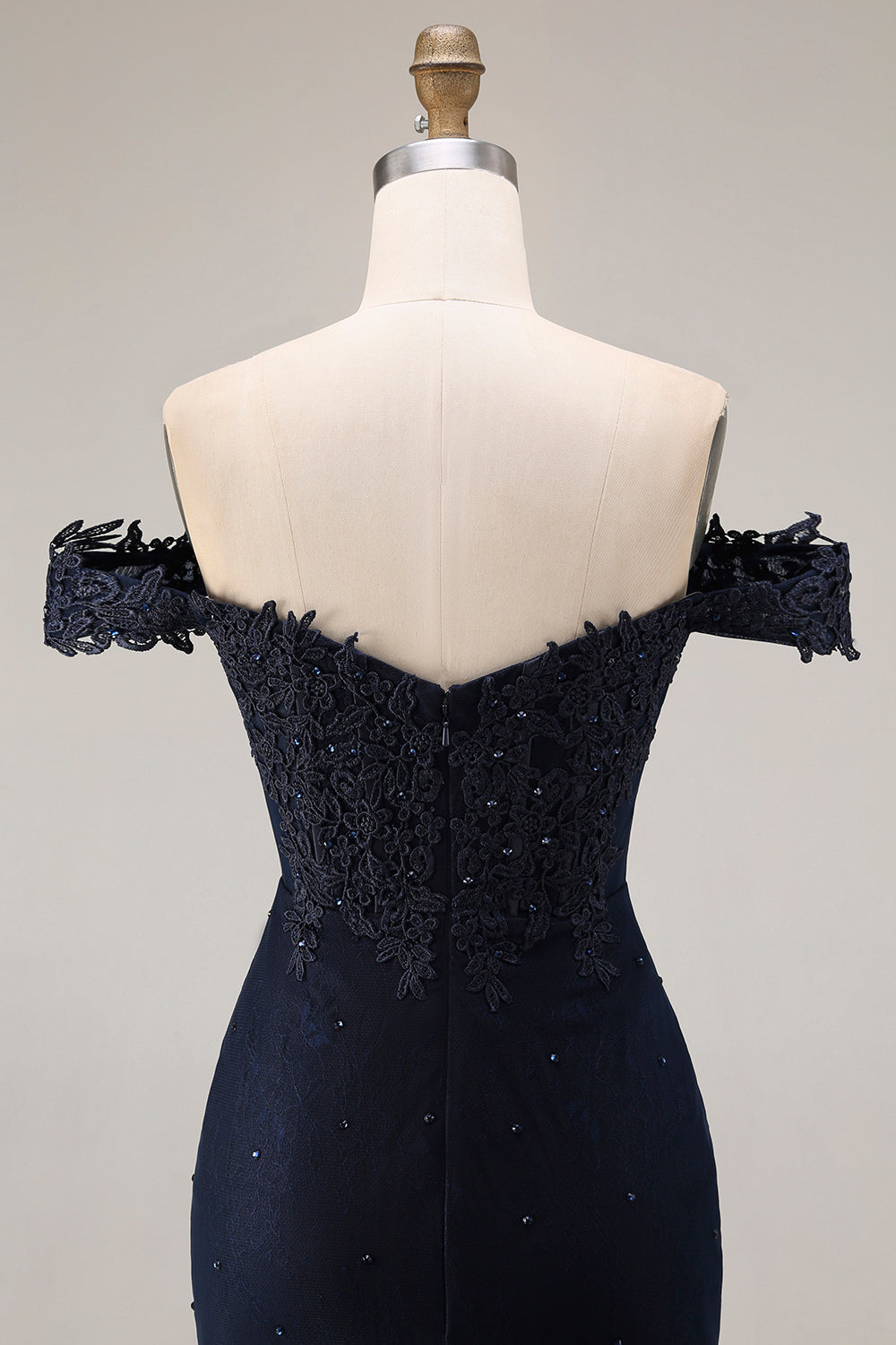Sparkly Navy Off-the-Shoulder Mermaid Appliqued Long Prom Dress with Beading