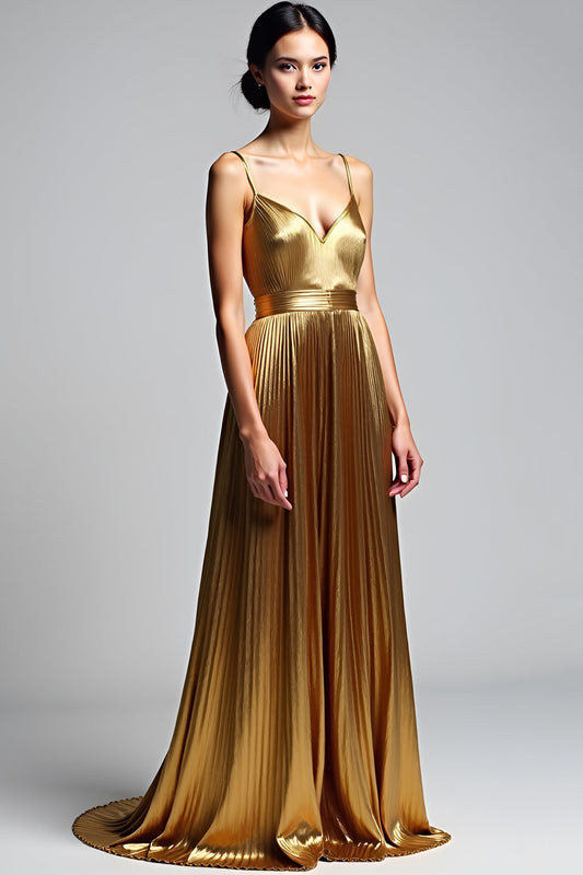 Golden A-Line Spaghetti Strap Ruched Prom Dress