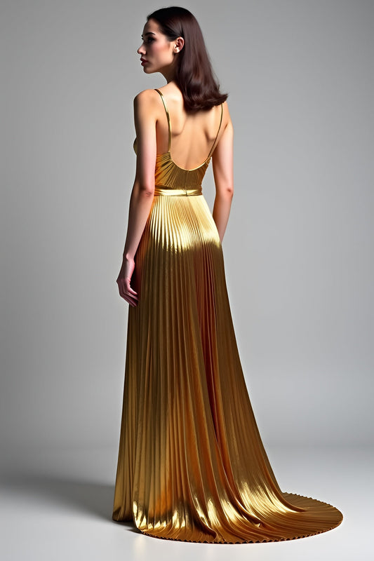 Golden A-Line Spaghetti Strap Ruched Prom Dress