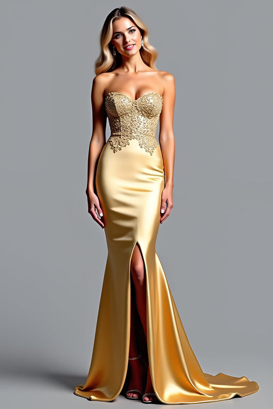 Vestido de fiesta Golden Mermaid Sweetheart con abertura