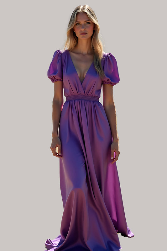 Purple A-Line Puff-Sleeve Backless Long Bridesmaid Dress