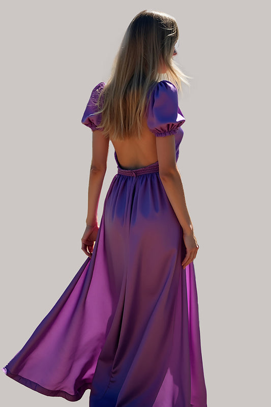 Purple A-Line Puff-Sleeve Backless Long Bridesmaid Dress