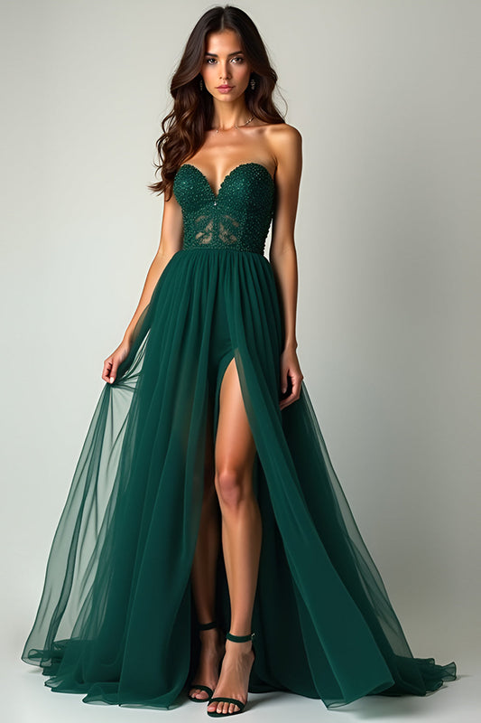 Robe longue de bal de promo en tulle vert foncé, coupe trapèze, bustier cœur, sans bretelles, avec fente.