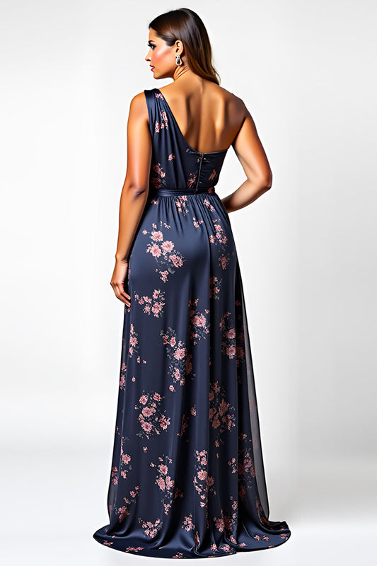 Robe de demoiselle d'honneur longue asymétrique coupe trapèze à motif floral bleu marine