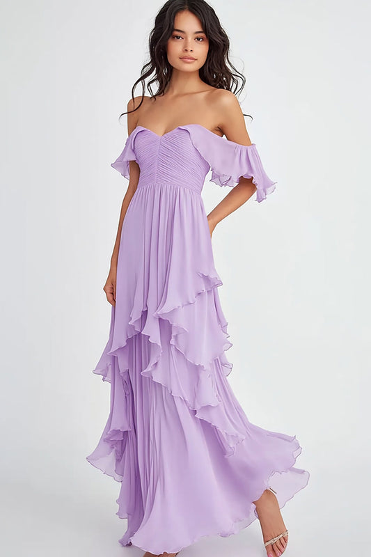 Robe de soirée trapèze lilas à volants et plis, épaules dénudées