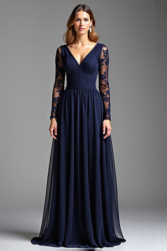 Robe de soirée en mousseline de soie coupe trapèze à manches longues en dentelle bleu marine avec col en V