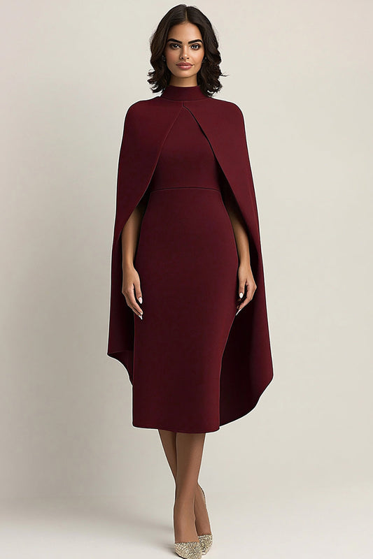 Robe fourreau midi de soirée bordeaux avec cape