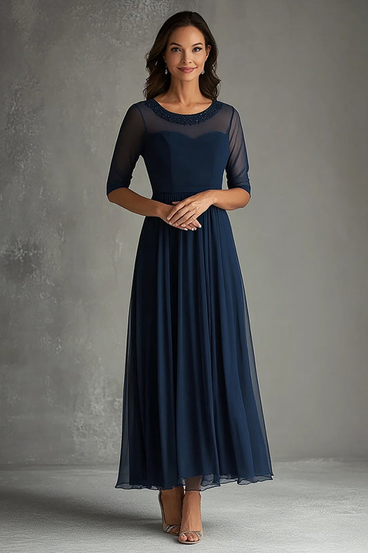 Navy Beaded A-Line Boat Neck Long Choir Dress with Half Sleeves