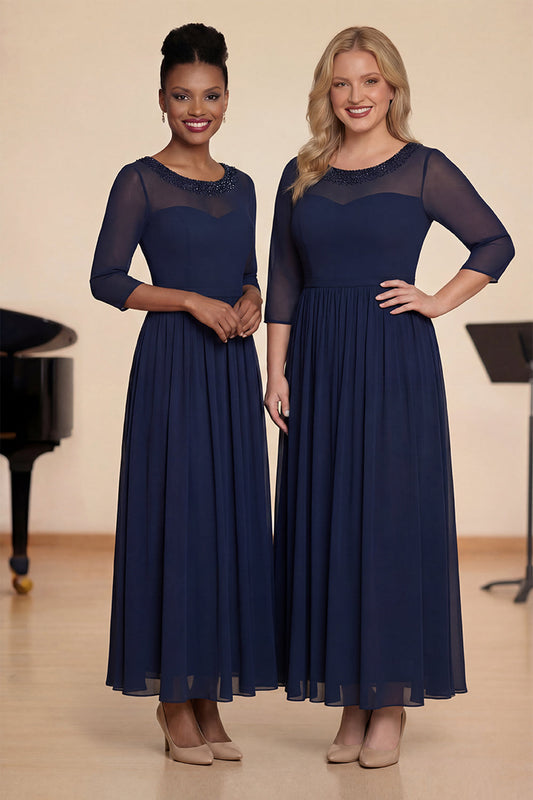 Navy Beaded A-Line Boat Neck Long Choir Dress with Half Sleeves
