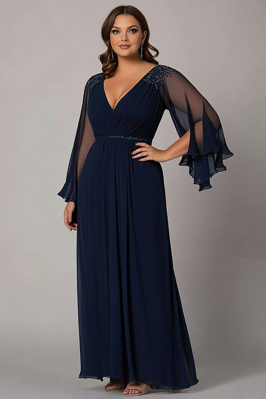 Navy A-Line Beaded Chiffon Choir Dress with 3/4 Sleeves