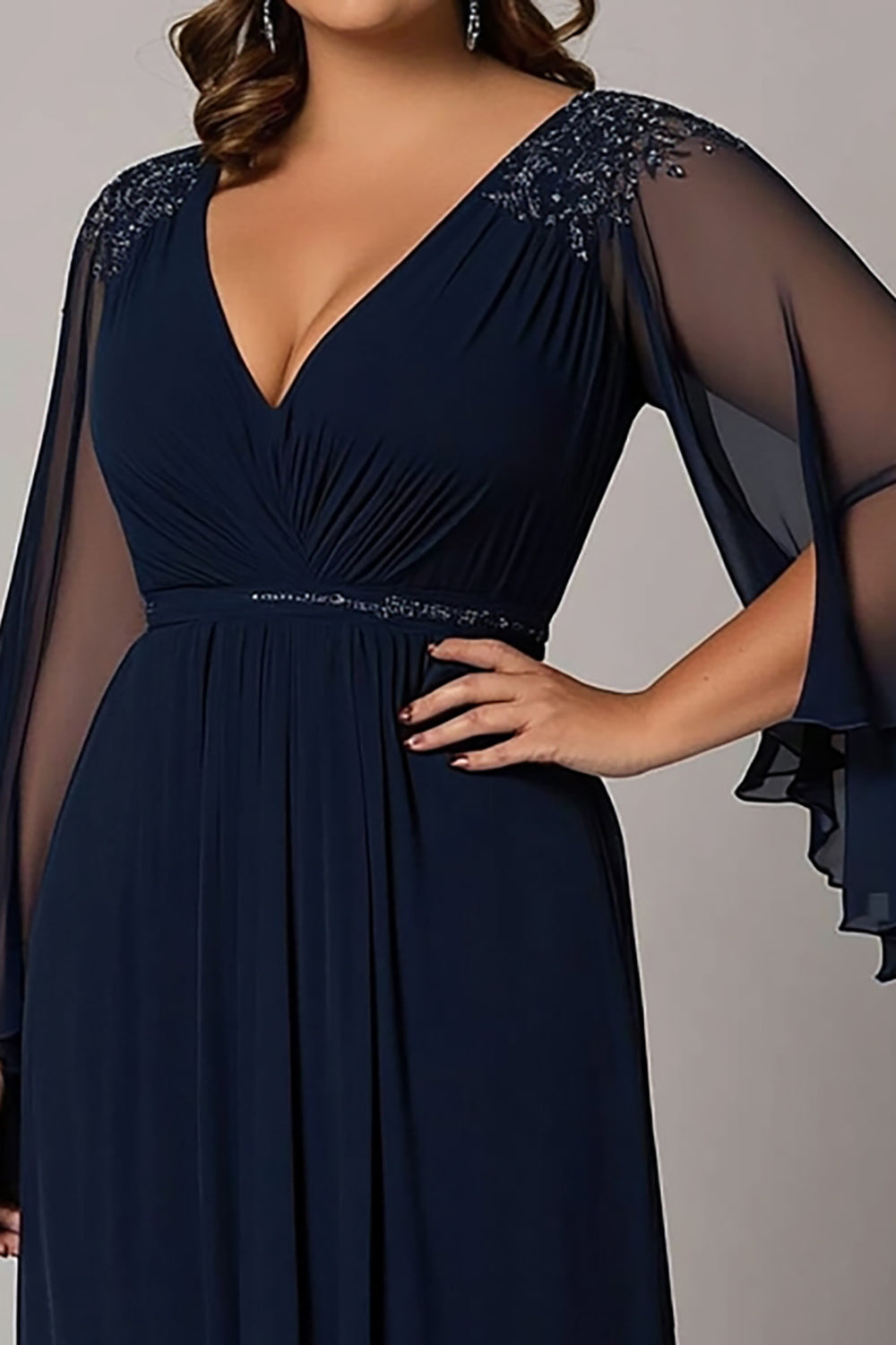Navy A-Line Beaded Chiffon Choir Dress with 3/4 Sleeves