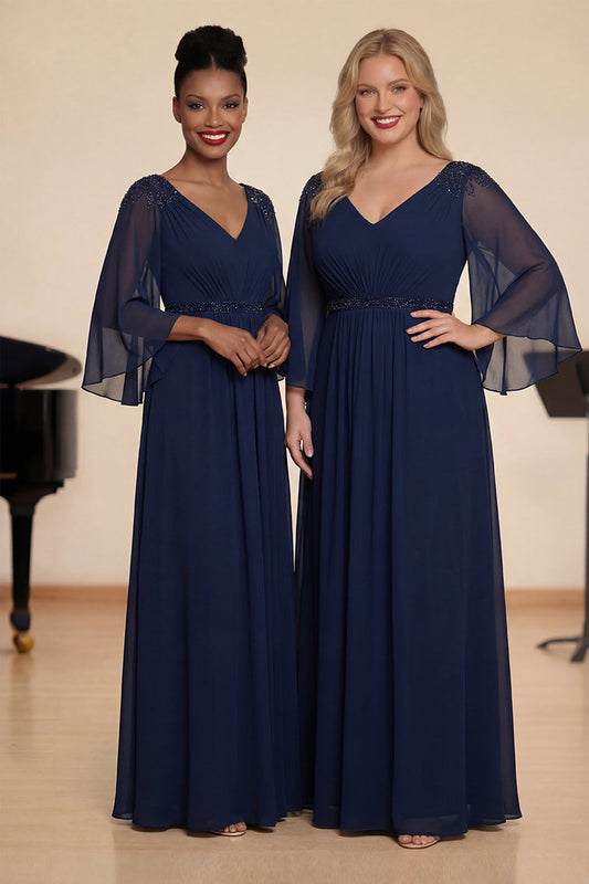 Navy A-Line Beaded Chiffon Choir Dress with 3/4 Sleeves