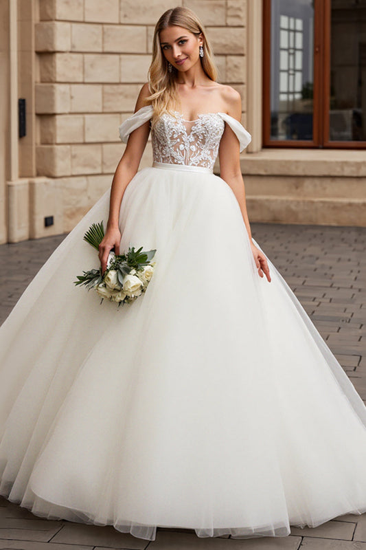 Robe de mariée longue blanche trapèze en tulle avec applications, épaules dénudées